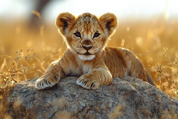 Obraz premium Golden Lion Cub Resting On A Rock In Savanna Grassland