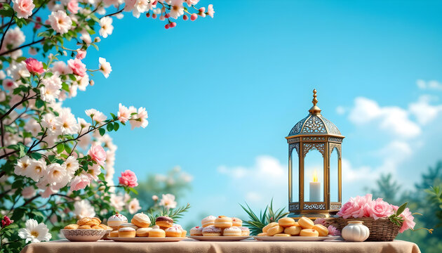 A beautifully designed Ramadan Kareem invitation card with a dark green background, glowing golden lanterns, and symmetrical floral motifs. The central blank space allows for inserting quotes, prayers