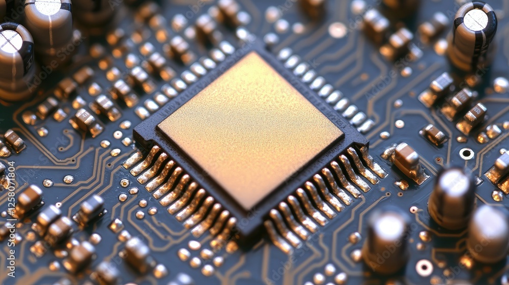 Poster A close-up view of a gold microchip, intricately placed on a circuit board, emphasizing detailed electronic connections and high-tech components.