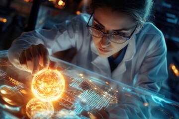 A female scientist examines a glowing orb on a futuristic touchscreen interface, analyzing complex data and energy.