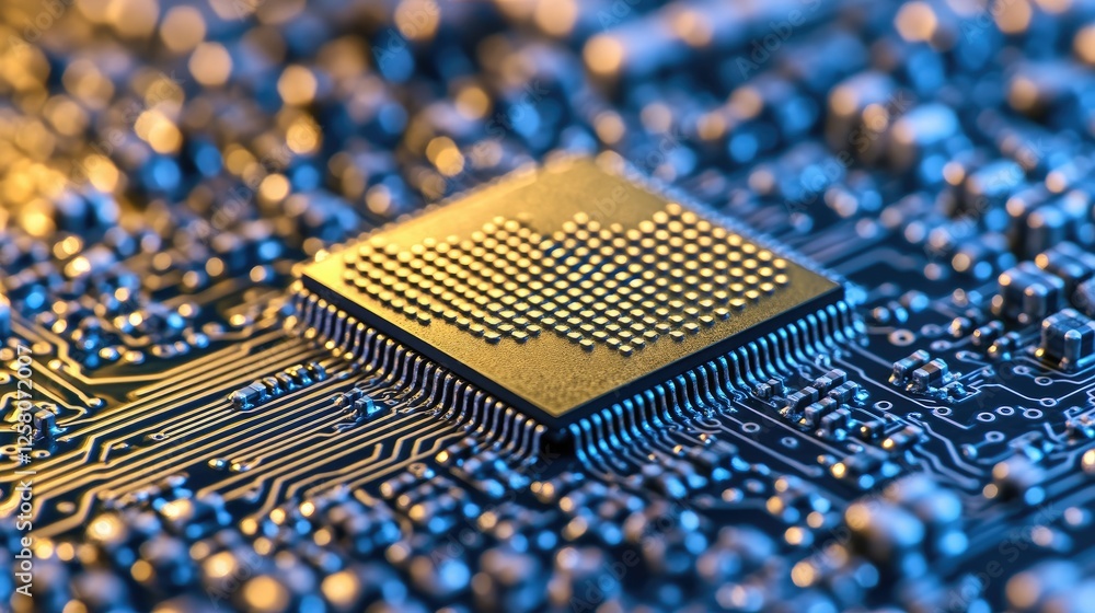 Poster a close-up view of a gold microchip, intricately placed on a circuit board, emphasizing detailed ele