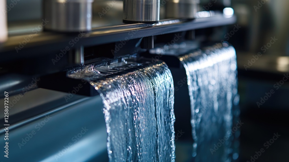 Poster a close-up view of water cascading through a reverse osmosis system, highlighting the clarity and fl