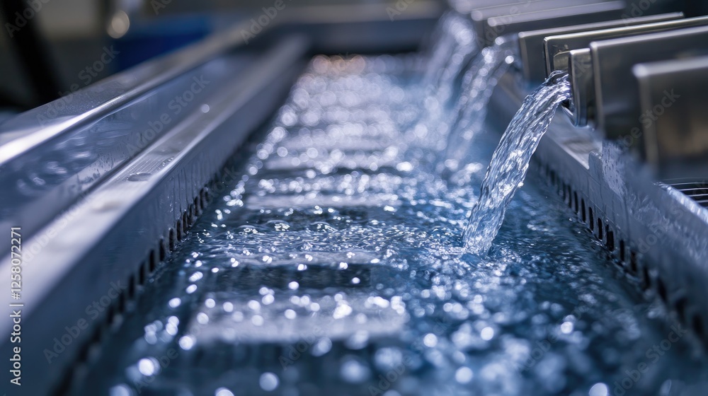 Poster a close-up view of water cascading through a reverse osmosis system, highlighting the clarity and fl