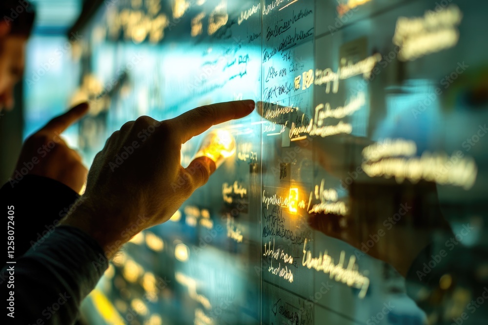 Aufkleber person interacts with a large transparent screen displaying handwritten notes and information.