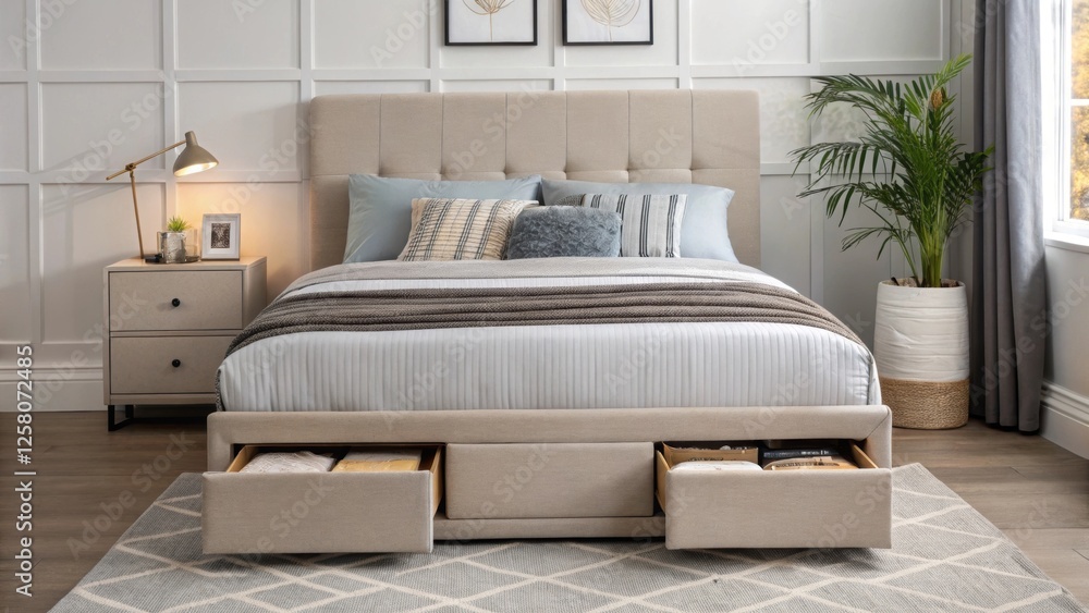 Poster a chic bedroom corner with a modular bed frame designed with builtin storage drawers underneath ador