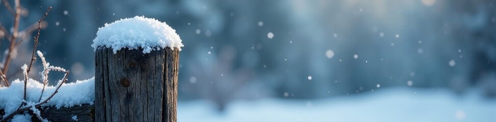 Snowflakes settle on a frosty wooden fence post, branch, cold, icy