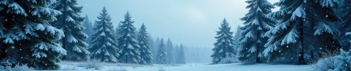 Fototapeta premium Snowflakes gently falling on towering fir trees amidst a serene forest landscape, calm, peaceful, forest