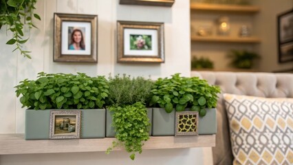 A charming closeup of small framed pictures and decorative elements surrounding a wallmounted herb garden suggesting a personalized touch in a stylish renovated living room.