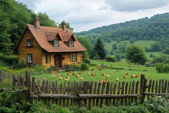 Chickens roaming freely in front of idyllic wooden farmhouse in green countryside