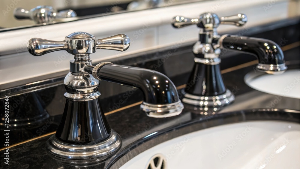 Poster a closeup capturing the intricate details of the faucet handles on the double sink showcasing a blen