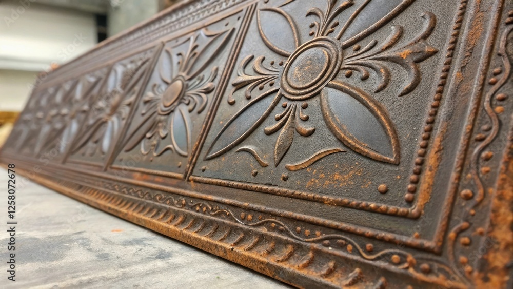 Poster a closeup featuring a distressed embossed metal panel with rust details illustrating the evolution o