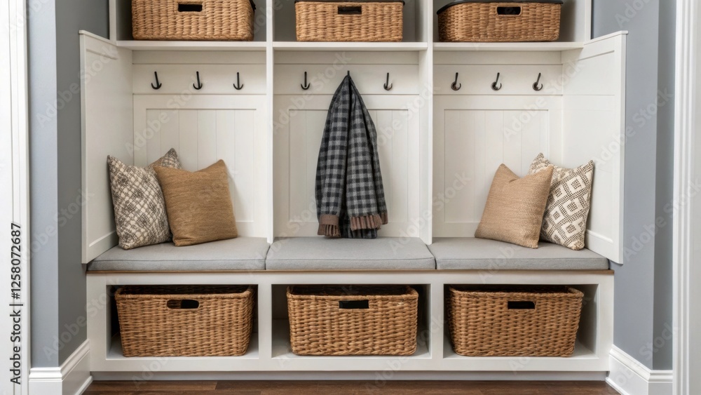 Poster A closeup detail of the storage cubbies integrated above a builtin bench showcasing neatly arranged baskets and hooks for coats emphasizing functional design in a cozy modern