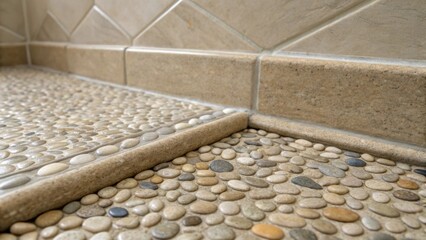 A closeup detail of a pebble floor corner showcasing the careful alignment and smooth edges where the pebbles meet the shower threshold.