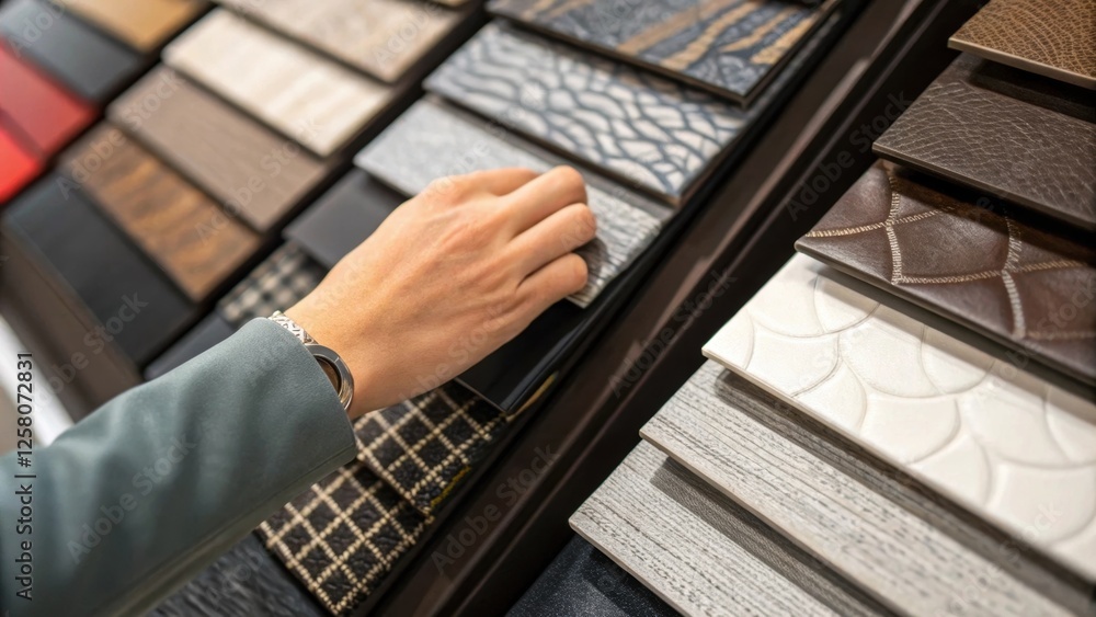 Poster A closeup focusing on the hand of a person choosing a panel from a stacked selection revealing various textures and designs that express personal style.