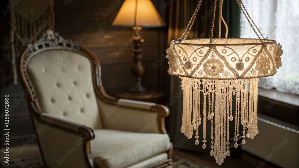 Poster a closeup focusing on the intricate details and craftsmanship of a handcrafted hanging light showcas
