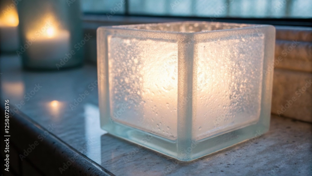 Poster A closeup focusing on the surface of a frosted glass block emphasizing the soft diffused light it emits which creates a calming atmosphere.