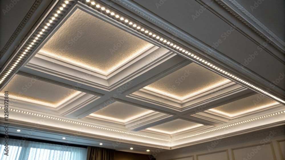 Poster A closeup focus on an LED strip light integrated into a coffered ceiling design highlighting the seamless transition and highlighting its modern appeal.