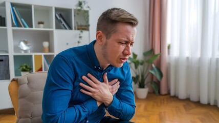 Fototapeta premium Man Experiencing Chest Pain Serious Health Issue Medical Emergency Urgent Care Healthcare Professional Help Needed Seeking Immediate Treatment Doctor Visit Painful Symptom Medical Assistance Emergency