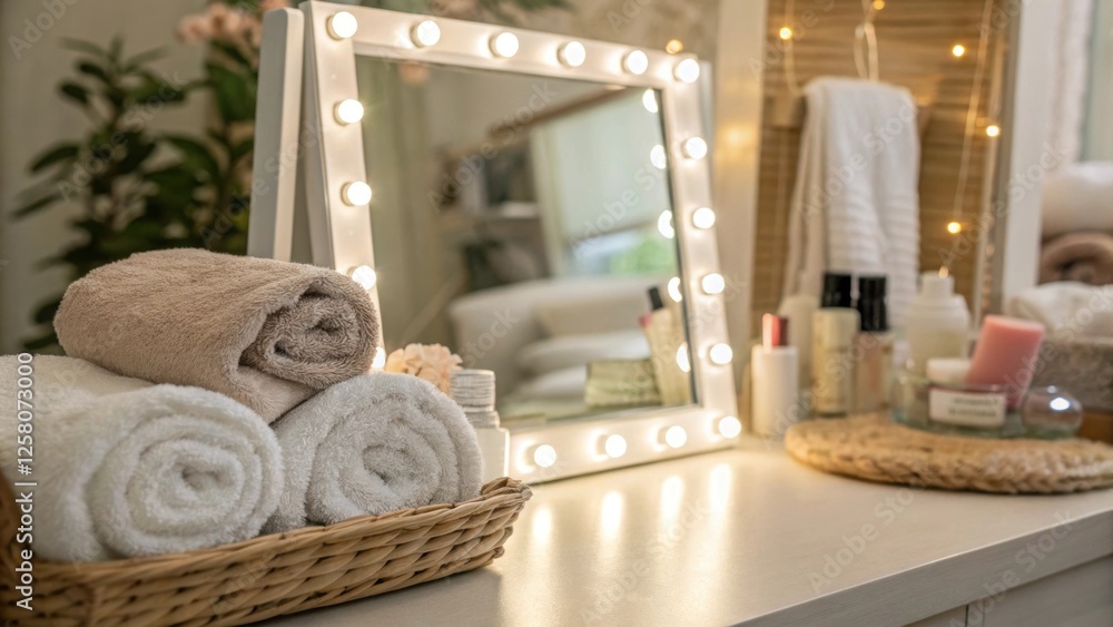 Aufkleber A closeup highlighting the reflections in a rectangular LEDlit mirror capturing the essence of a cozy dressing area with plush towels and a soothing color palette in soft focus.