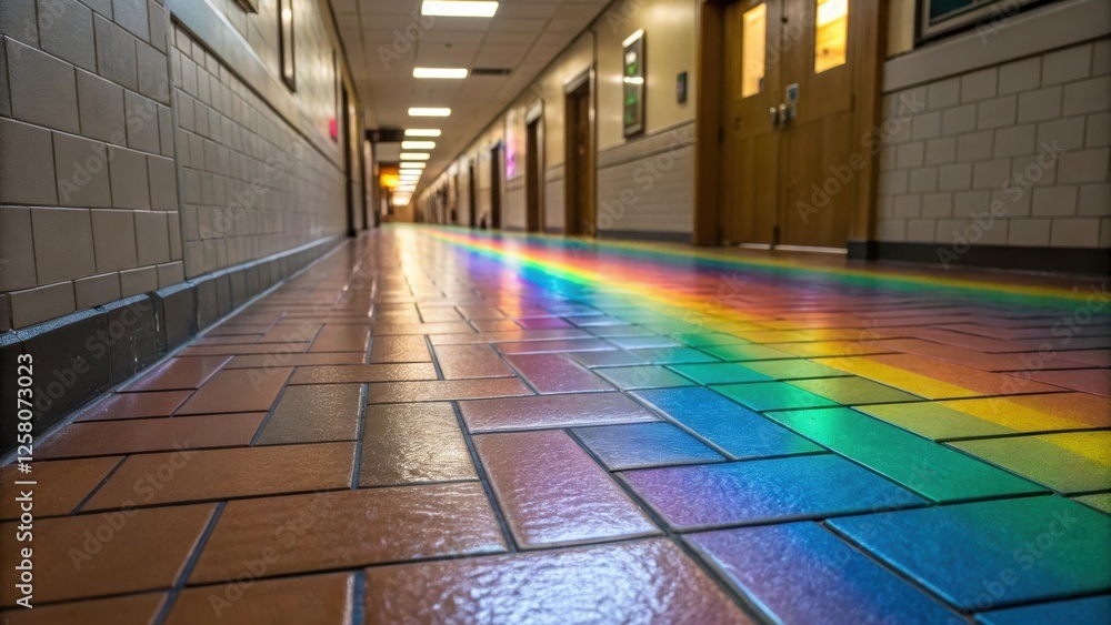 Poster A closeup image capturing the weaving light effect of floor tiles that change color based on the angle of view enhancing the playful atmosphere of the hallway space.