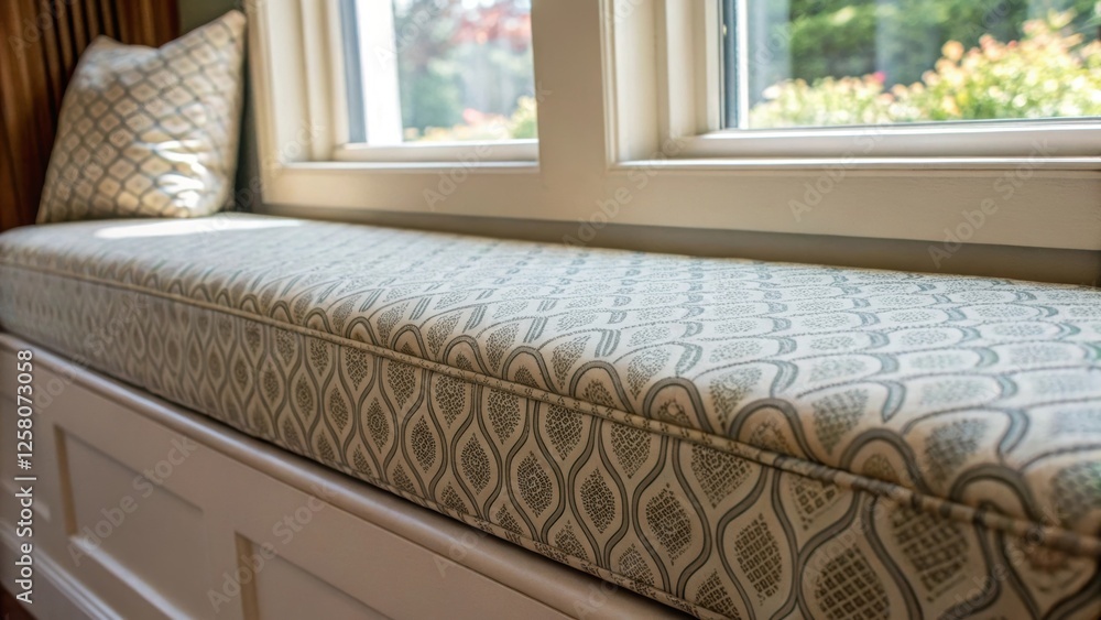 Poster A closeup image capturing the soft texture of a window seat cushion covered in a durable patterned fabric designed to withstand the elements while remaining stylish.
