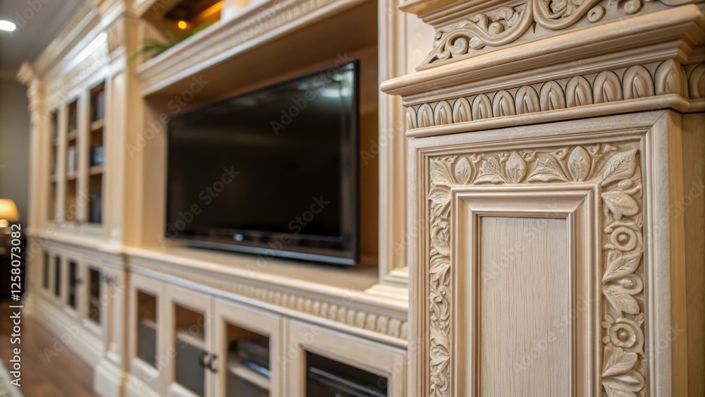 Poster a closeup image capturing the intricate details of molding and trim work around the builtin entertai