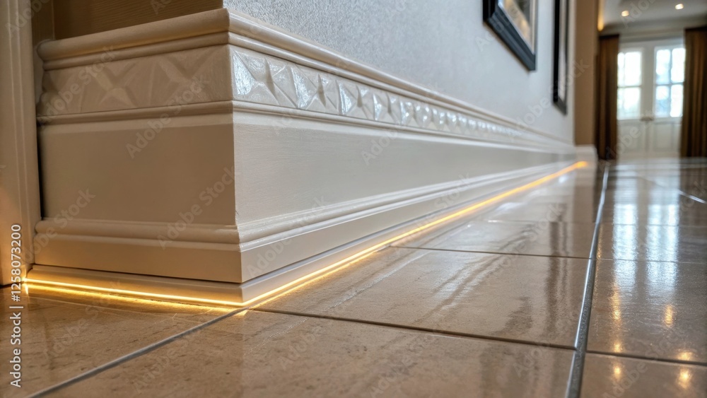 Poster A closeup image showing the delicate texture of a painted skirting board with a subtle light underglow reflecting off polished floor tiles.