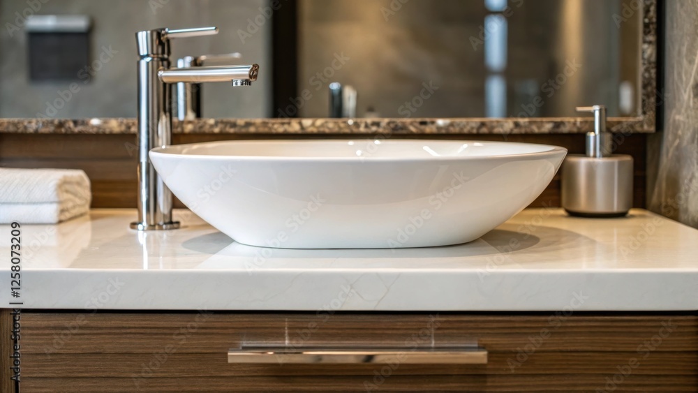 Poster a closeup image of the sink area of a floating vanity featuring a chic vessel sink with a focus on t