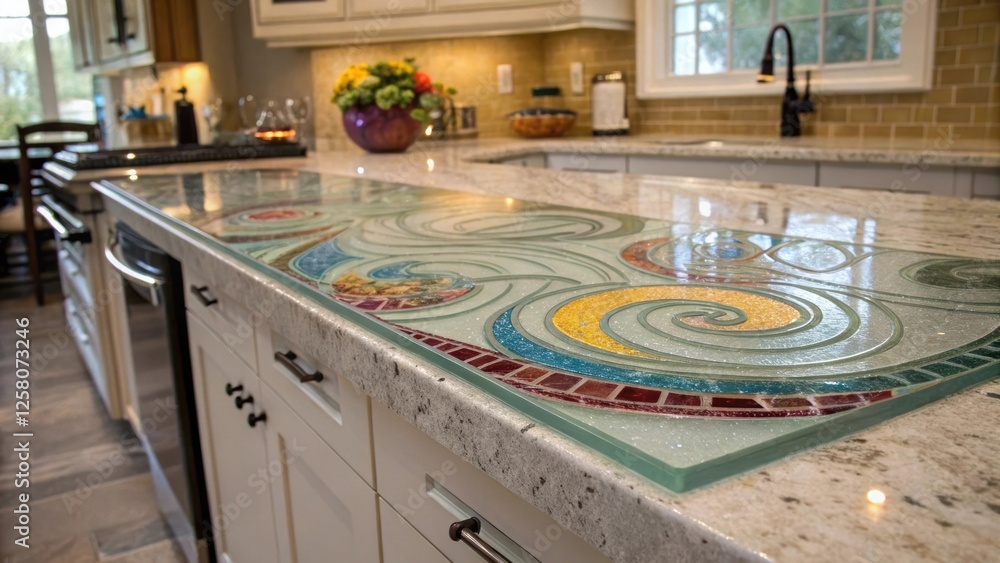 Poster A closeup image revealing a glass countertop with an embedded design of swirling colors and patterns serving as a focal point of the kitchens interior design.