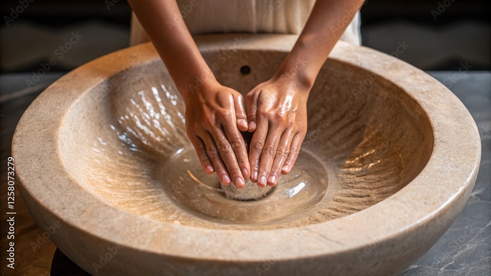 Aufkleber A closeup image of hands gently washing in a large custom stone sink highlighting the ergonomic design and inviting texture of the stone.