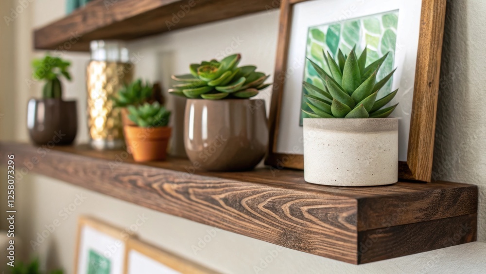 Poster a closeup of a beautifully crafted floating shelf rich wood grain visible adorned with an arrangemen