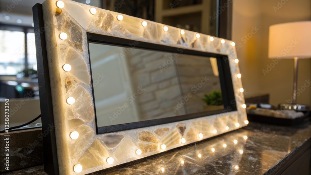 Poster a closeup of a backlit onyx mirror surround reflecting soft light that creates an inviting ambiance 