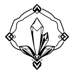 Minimalistic monochrome crystal arrangement within a geometric diamond-shaped outline.