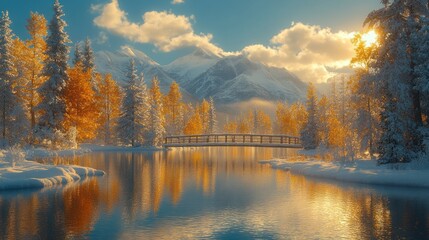 Fototapeta premium Serene autumn landscape with golden trees reflecting on a calm lake, a bridge in the background