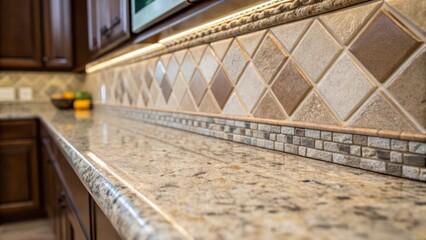 A closeup of a beautifully crafted backsplash installation behind a newly fitted granite countertop emphasizing the seamless integration of materials.
