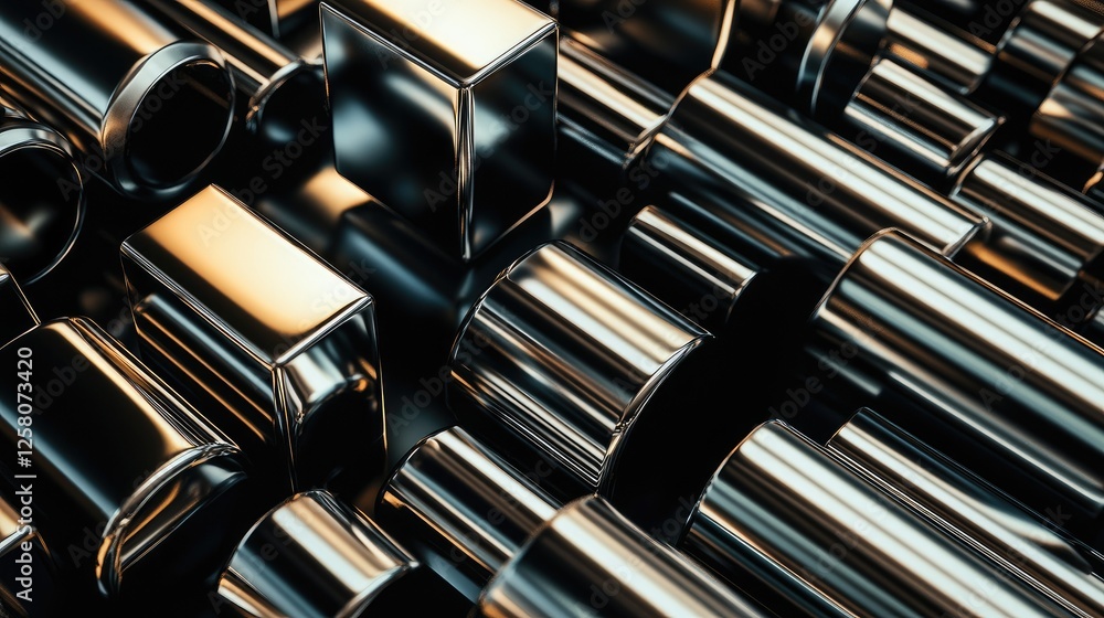 Poster A collection of shiny metallic cubes and cylinders arranged in an interlocking pattern, showcasing their smooth surfaces, reflections, and contrasts against a dark background.