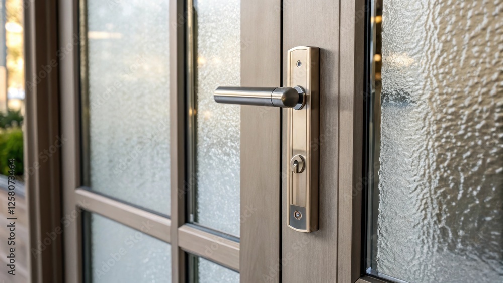 Poster A closeup image of the door handle featuring a modern design that contrasts with the soft texture of the frosted glass symbolizing the blend of aesthetics and functionality.
