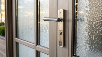 Fototapeta premium A closeup image of the door handle featuring a modern design that contrasts with the soft texture of the frosted glass symbolizing the blend of aesthetics and functionality.