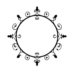 Intricate ironwork circle frame, decorative, ornate, with flourishes and filigree elements, isolated on white.
