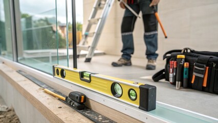 A closeup of a bubble level resting against the glass panel ensuring it is perfectly positioned with a tool belt and additional installation tools subtly in the background.