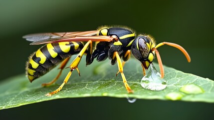 Macro Photography of a Wasp Drinking Water Droplet on a Leaf