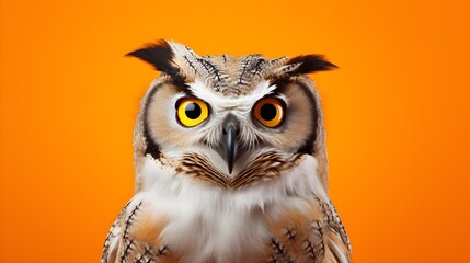 Fototapeta premium Majestic Spotted Eagle Owl Close Up Portrait on Vibrant Orange Background