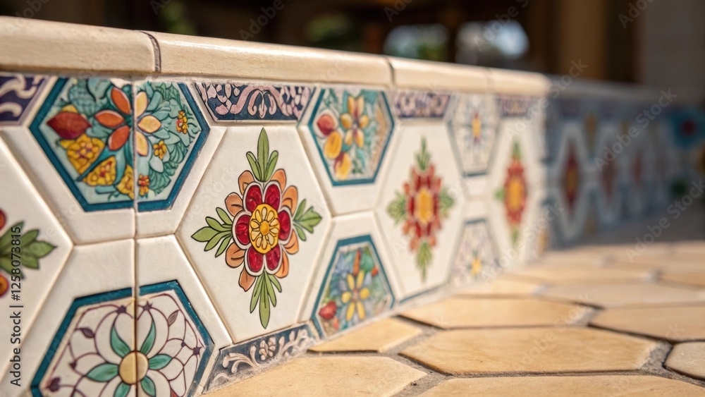 Aufkleber A closeup of a corner where hexagonal tiles transition from a floral design to a geometric outline emphasizing the seamless blend of artistic styles.