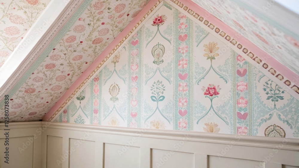 Aufkleber a closeup of a decorative feature wall with wallpaper in soft pastel colors bringing a hint of whims