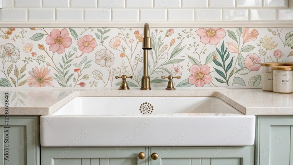 Aufkleber a closeup of a delicate floral backsplash framed by a new farmhouse sink featuring soft pastel color