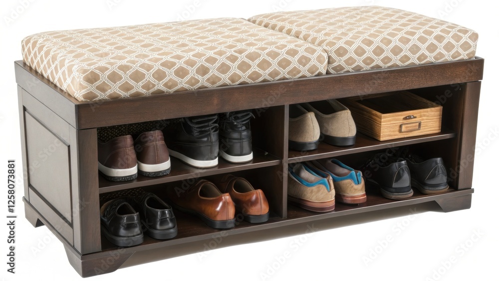 Poster A closeup of a dedicated entryway shoe bench with a soft patterned cushion and pullout storage revealing an assortment of shoes neatly arranged by type and season.