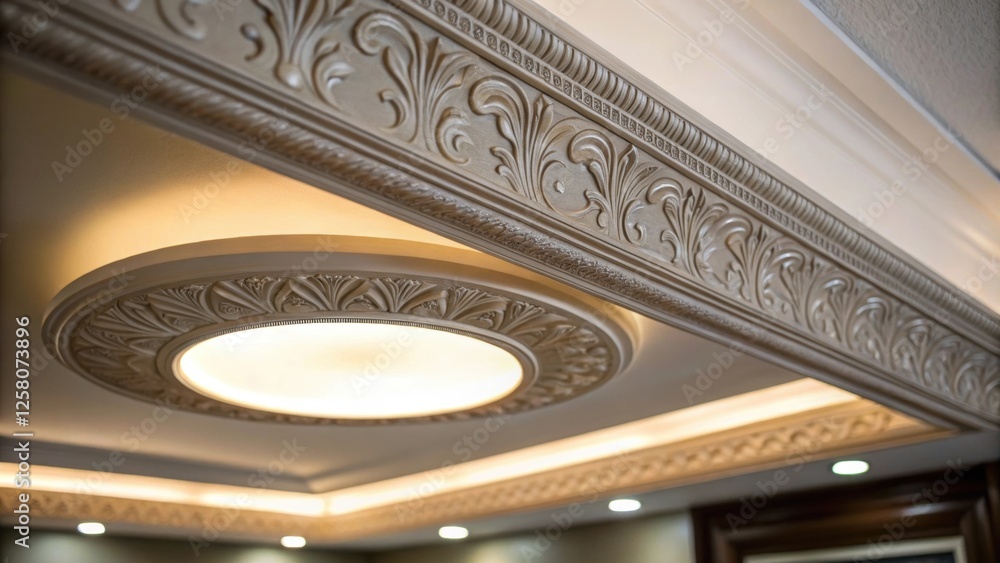 Poster A closeup of a decorative ceiling trim around a recessed light intricately designed to complement the modern aesthetic of the living space with a soft light spilling out.