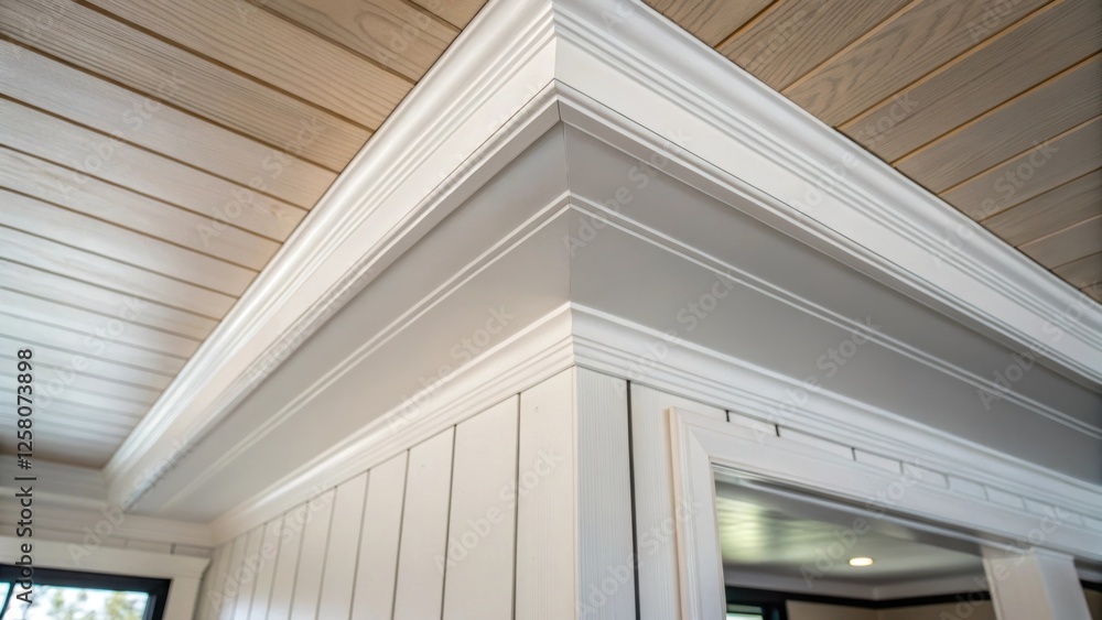 Aufkleber A closeup of a corner where shiplap meets a painted ceiling emphasizing the smooth lines and clean finish bringing a sense of openness to the space.