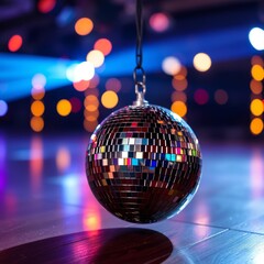 A shiny disco ball on a dance floor with colorful bokeh lights in the background creating a vibrant party atmosphere Bokeh light lights background bokeh abstract light bright effect shiny