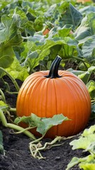 Ripe Orange Pumpkin Growing in Farm Field